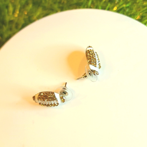 Football NFL sport theme stud earrings - brown rhinestone white enamel NWT - Picture 9 of 10